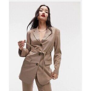 Topshop Blazer Belted Jacket Button Front Beige Women’s Size 0